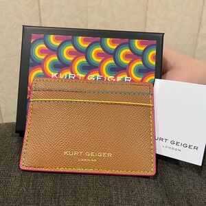 New Kurt Geiger Tan Card Holder with Pink Trim